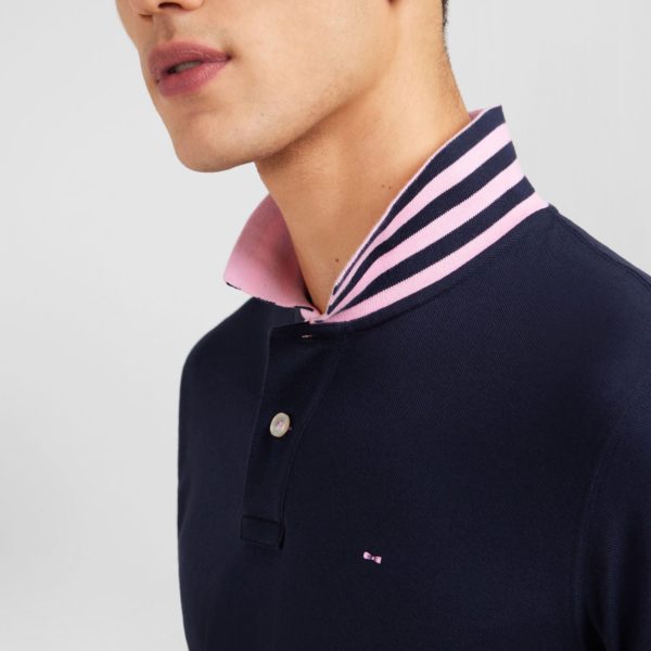 Polo Manches Longues Bleu Marine En Coton Avec Col Contrasté Eden Park