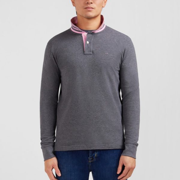 Polo Manches Longues Gris En Coton Avec Col Contrasté Eden Park