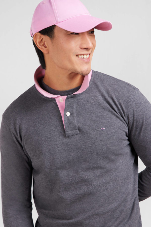 Polo Manches Longues Gris En Coton Avec Col Contrasté Eden Park – Image 2