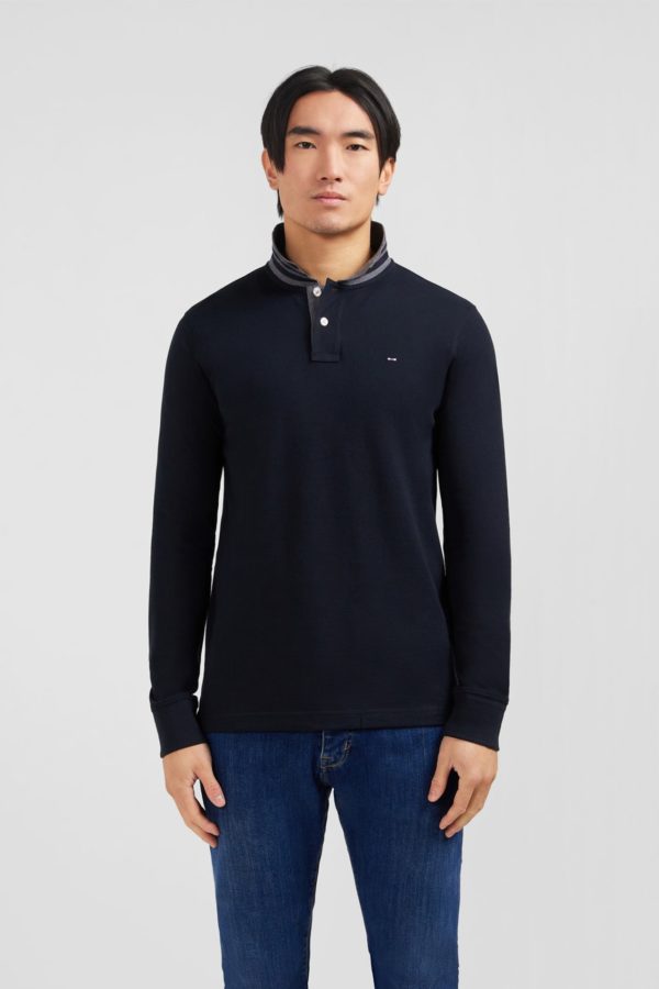 Polo Manches Longues Noir En Coton Avec Col Contrasté Eden Park