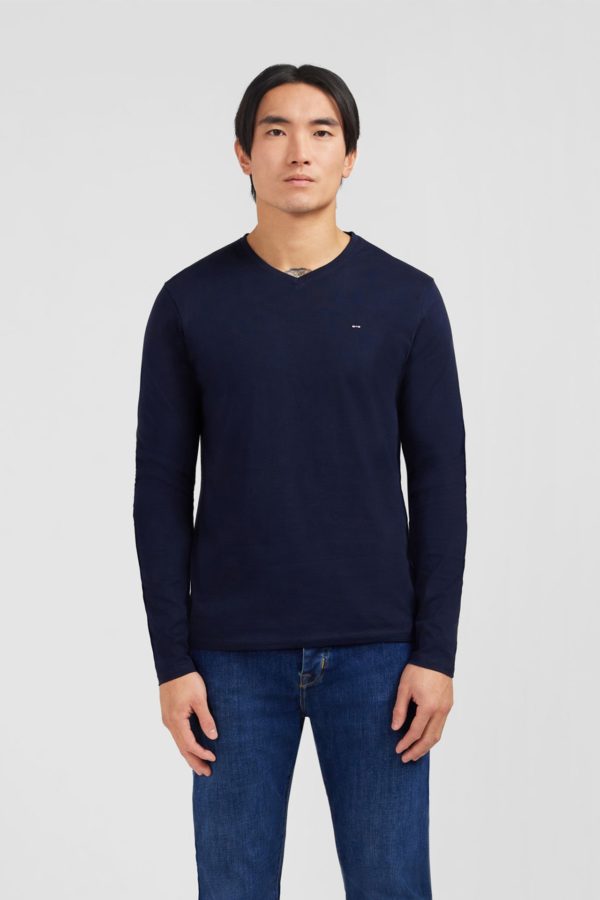 T-shirt Bleu Marine Col V À Manches Longues Eden Park