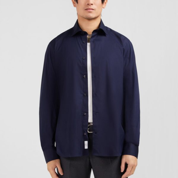 Chemise Bleu Marine Slim En Popeline Stretch Eden Park