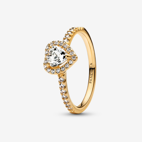 Parure Bague, Collier & Clous d'Oreilles Cœur Surélevé Scintillant Dorée à l'Or - Pandora