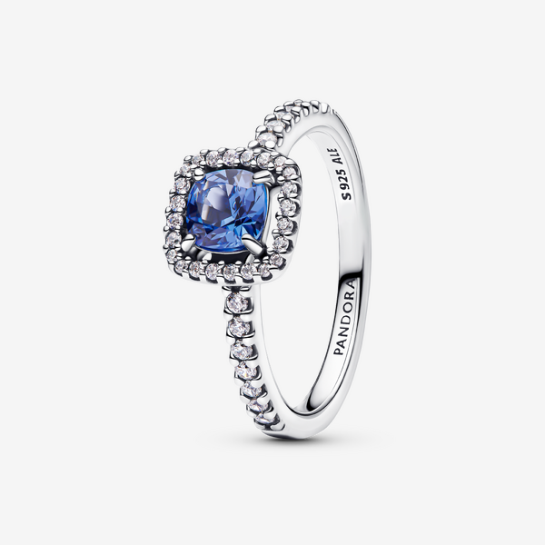 Parure Bague, Collier & Clous d'Oreilles Halo Bleu Carré Scintillant - Pandora
