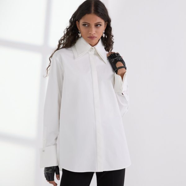 Karl Lagerfeld, Chemise En Popeline À Double Col, Femme, Blanc, Taille: X48